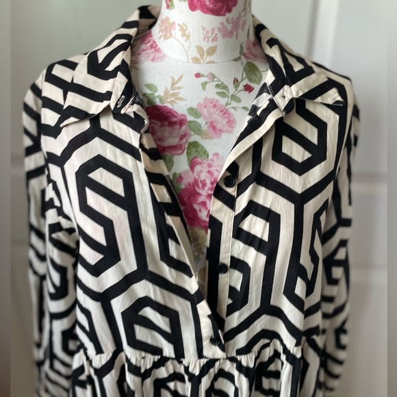 Zara Black White Print A-Line Long Sleeve Shirt Casual Maxi Dress Size Large - Picture 13 of 13